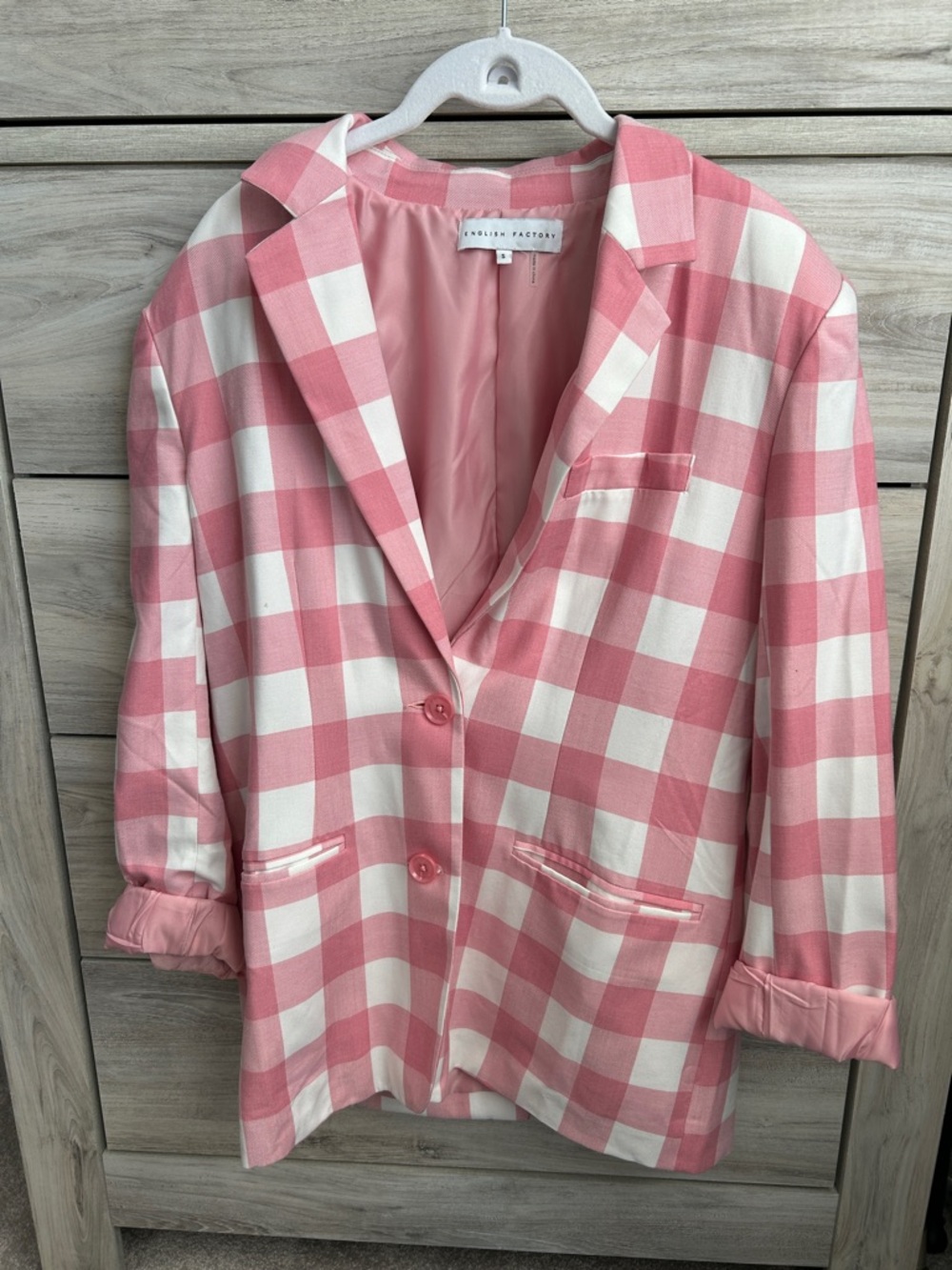 English Factory Pink and White Gingham Boyfriend Blazer Jacket